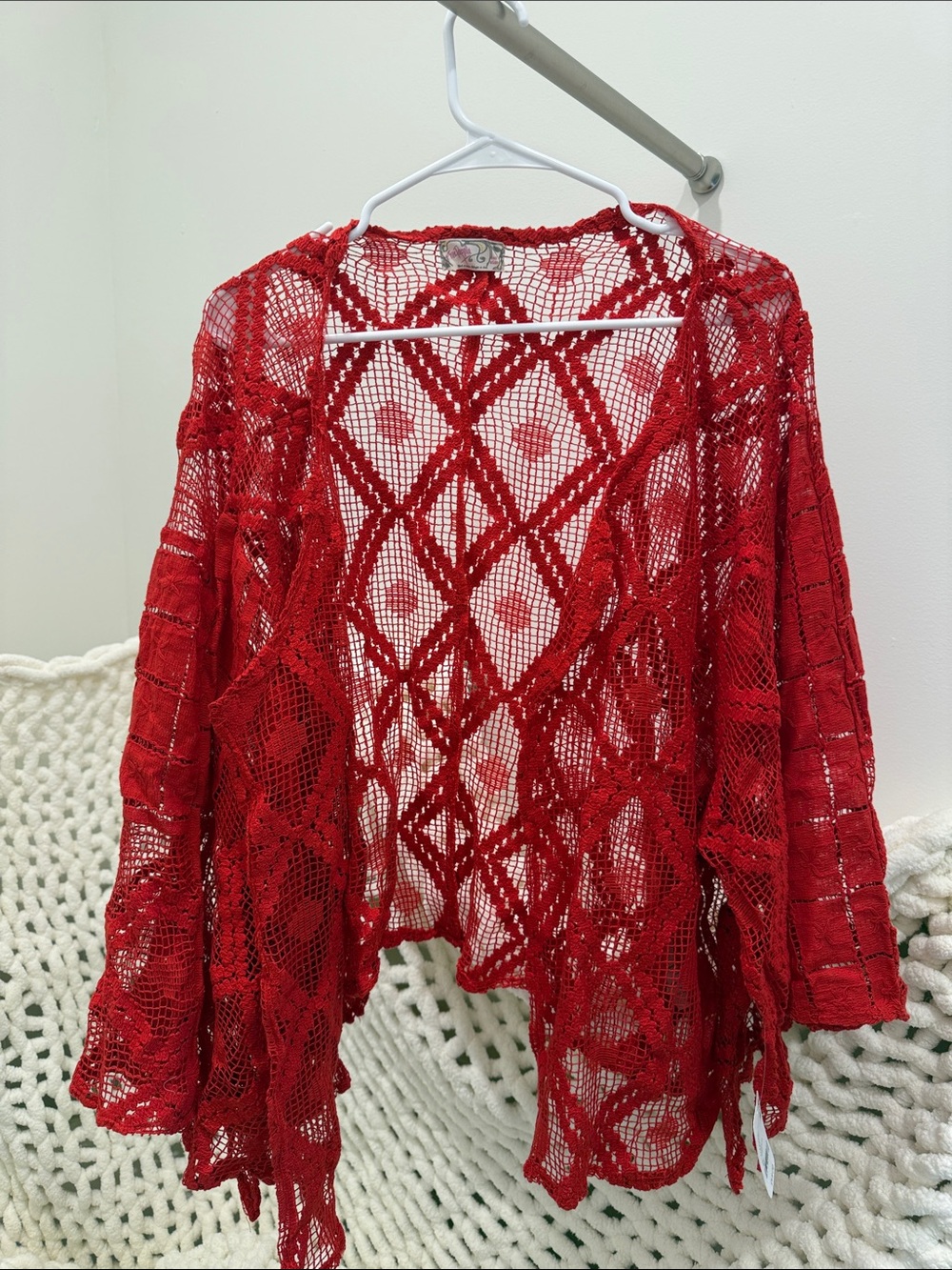 Free People Red Open-Knit Kimono Cardigan